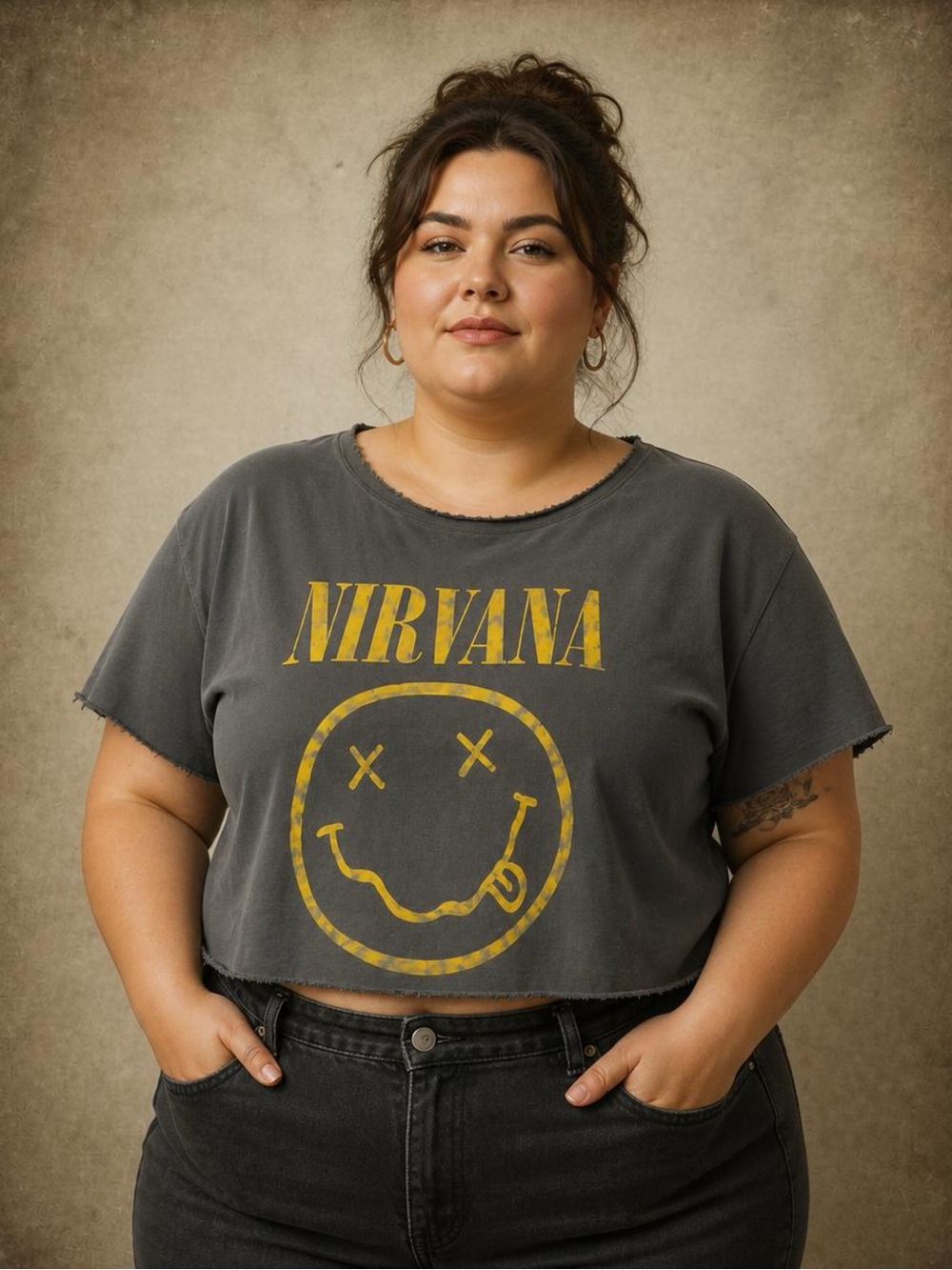 NIRVANA Charcoal Crop Tee with Yellow Graphic